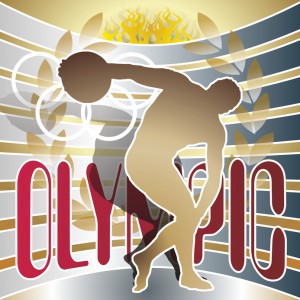 Diskuswerfer steht vor dem Olympia-Symbol 